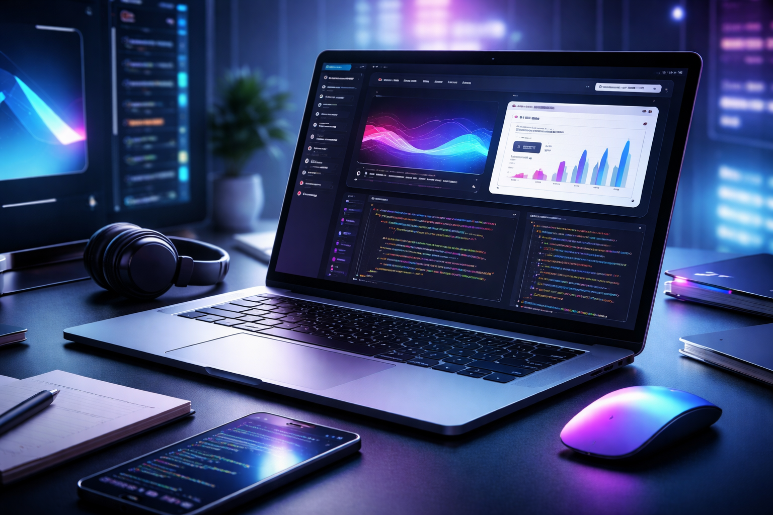 Computadora mostrando una interfaz web moderna y código